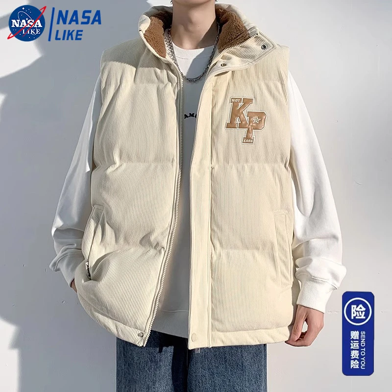 NASA灯芯绒棉马甲外套男秋冬季加绒保暖背心青少年宽松休闲外穿