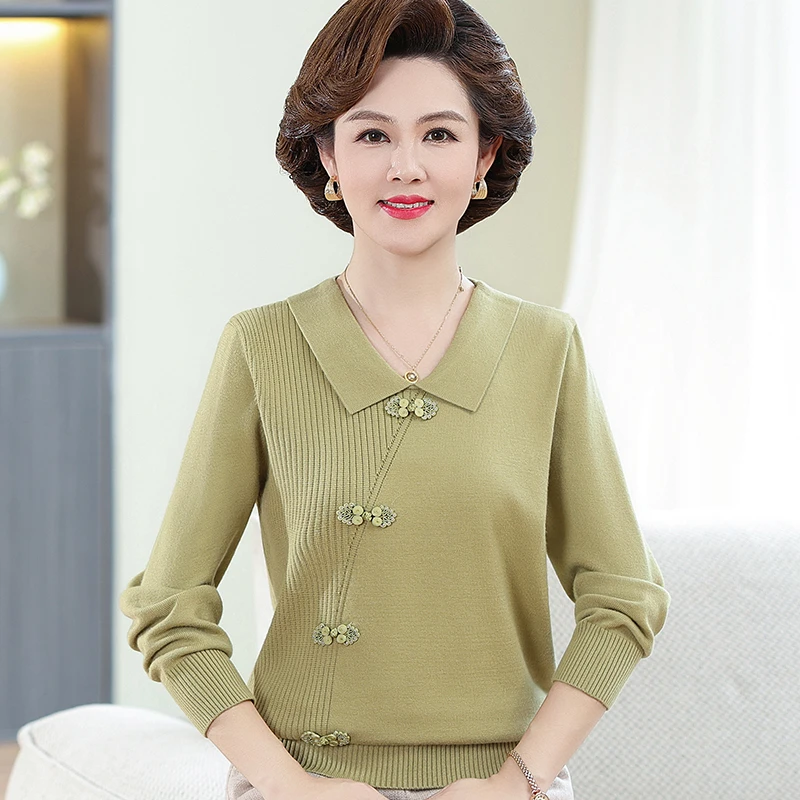 五十岁妈妈春秋翻领毛衣洋气中老年女带领秋衣外穿针织短款打底衫