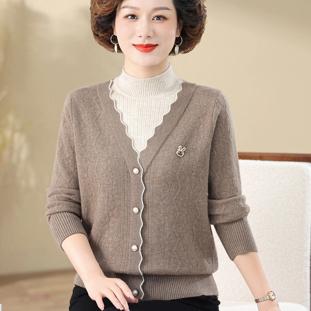 半高领毛衣女假两件针织衫2024秋冬季新款上衣中年妈妈洋气打底衫