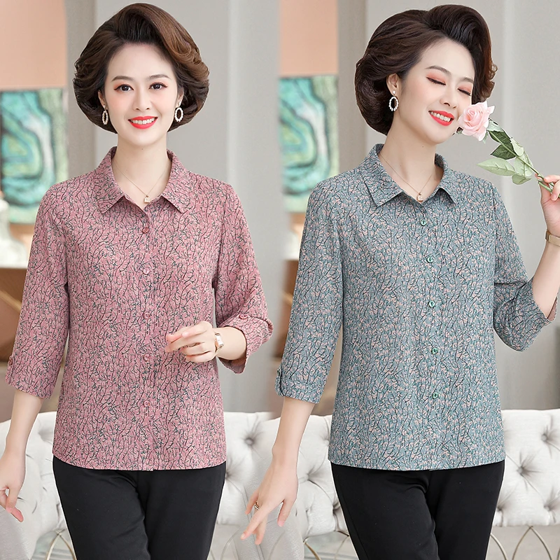 中老年新款春秋中长袖翻领衬衣开衫洋气妈妈宽松遮肚t恤薄款上衣