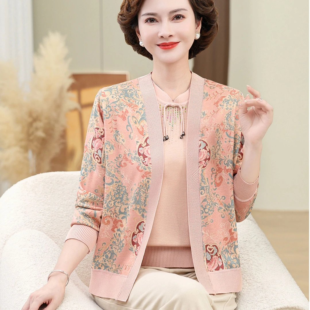 中国风妈妈秋装新款针织两件套装洋气开衫中老年女装春秋薄款上衣