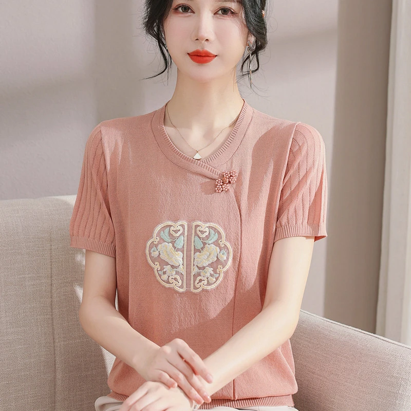 2024中老年女士夏装新中式刺绣针织小衫时尚短袖T恤妈妈冰丝上衣