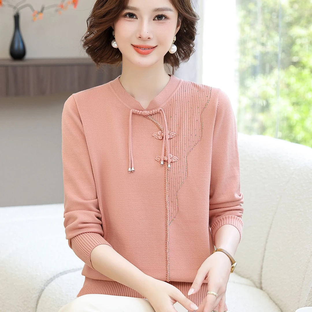 妈妈装春秋新中式毛衣2024新款洋气上衣中年母亲50岁大码打底小衫