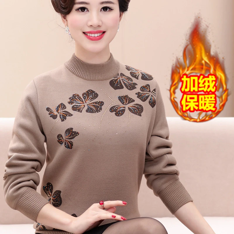 中老年女冬装加厚毛衣洋气妈妈加绒毛衣老年人春秋内搭一体绒上衣
