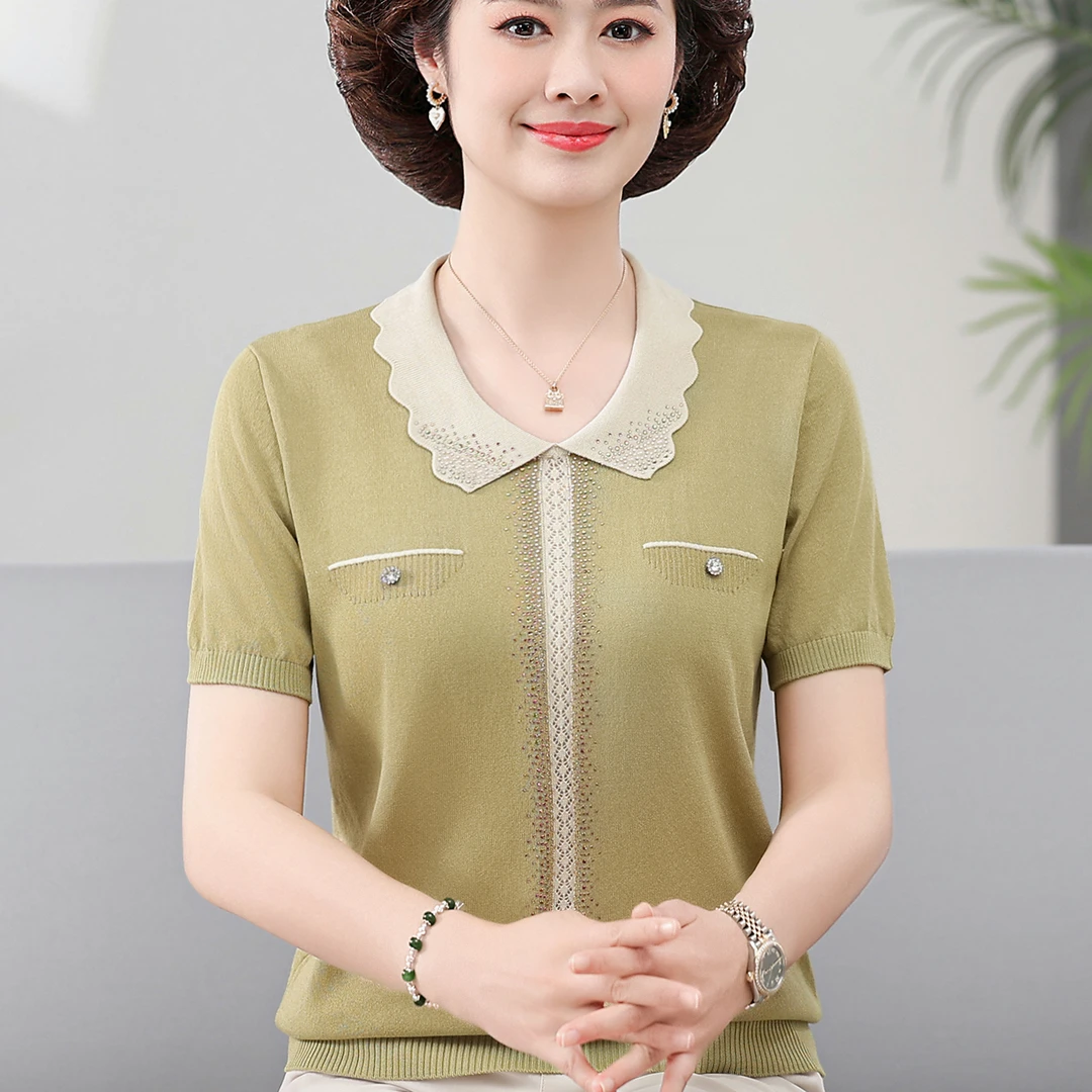 妈妈夏装冰丝短袖T恤洋气中老年女装翻领薄款针织衫宽松大码上衣