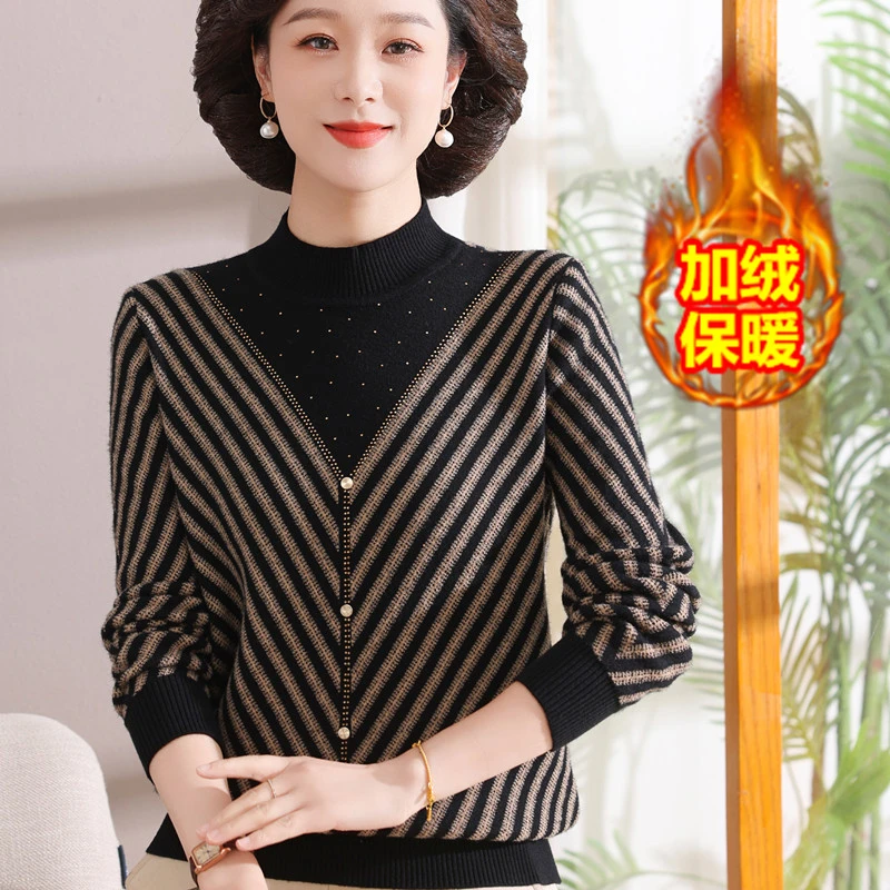 妈妈冬季保暖毛衣中老年人奶奶秋冬女装洋气加绒加厚打底衫上衣服