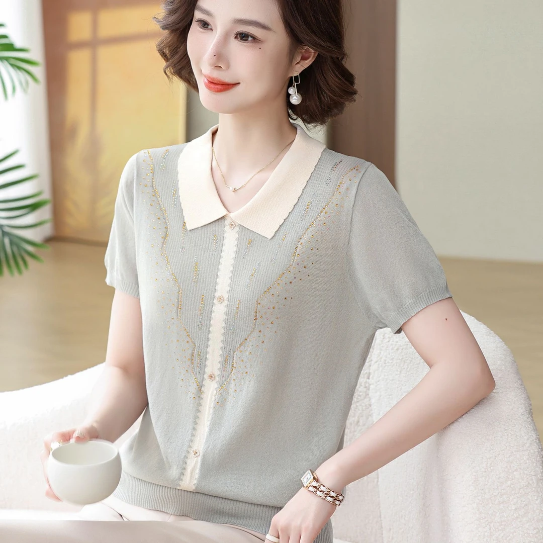 妈妈冰丝宽松短袖中年妇女翻领洋气套装上衣50岁中老年夏装薄T恤