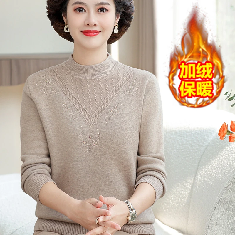 妈妈装秋冬洋气毛衣一体绒保暖上衣中老年女装加绒加厚打底衫毛衣