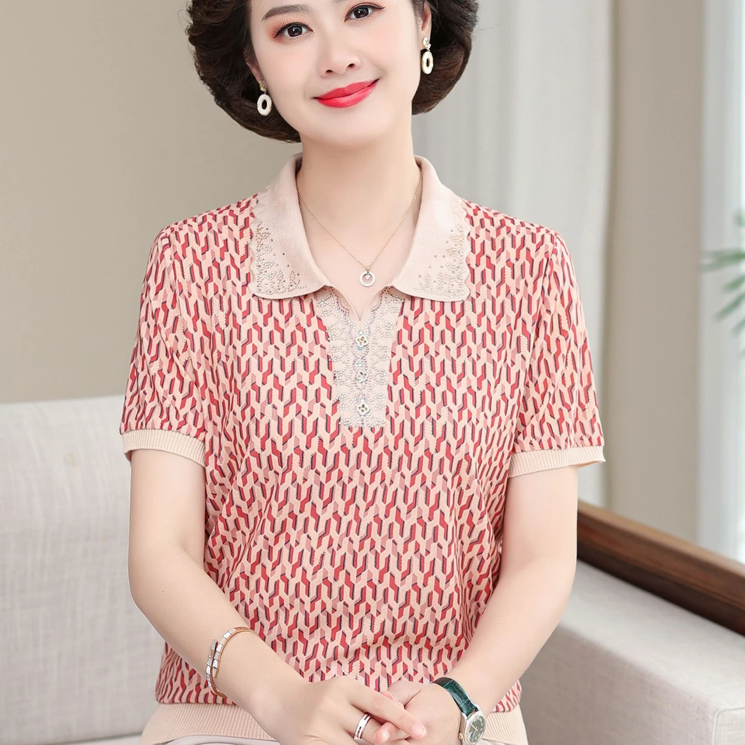 妈妈大码夏装短袖T恤套装新款中老年女时尚翻领宽松冰丝小衫洋气