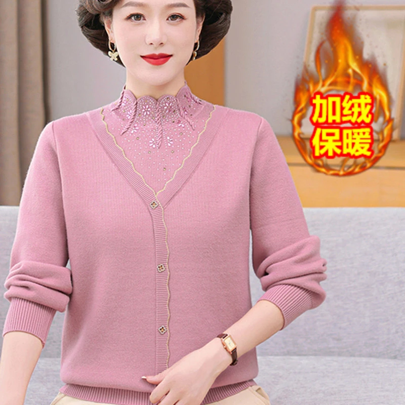 时尚妈妈假两件套头针织衫秋冬新款洋气减龄毛衣打底衫中老年上衣