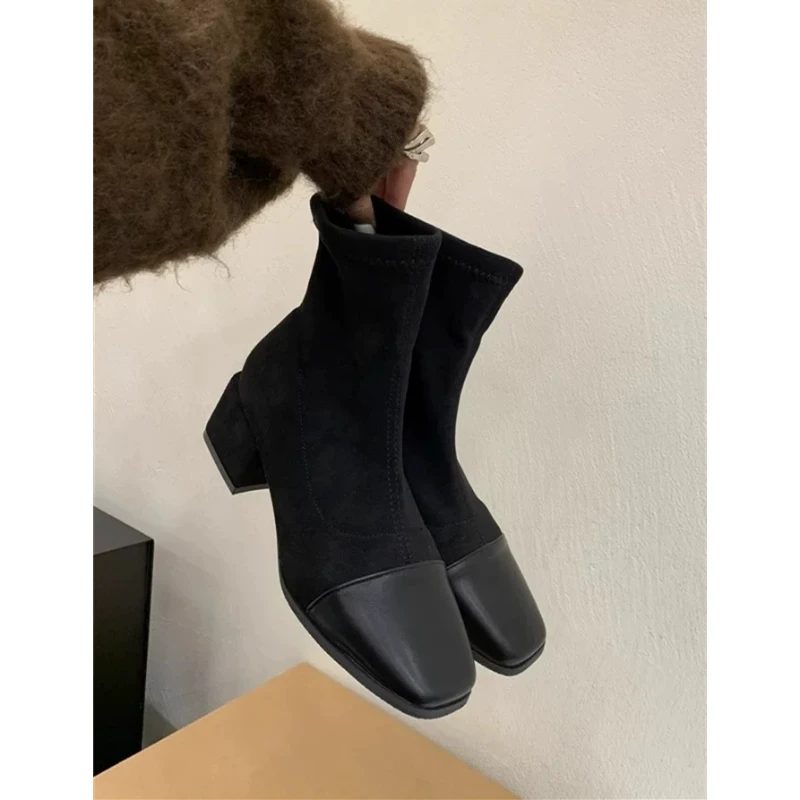 767新款方头矮跟舒适百搭中筒百搭小短靴