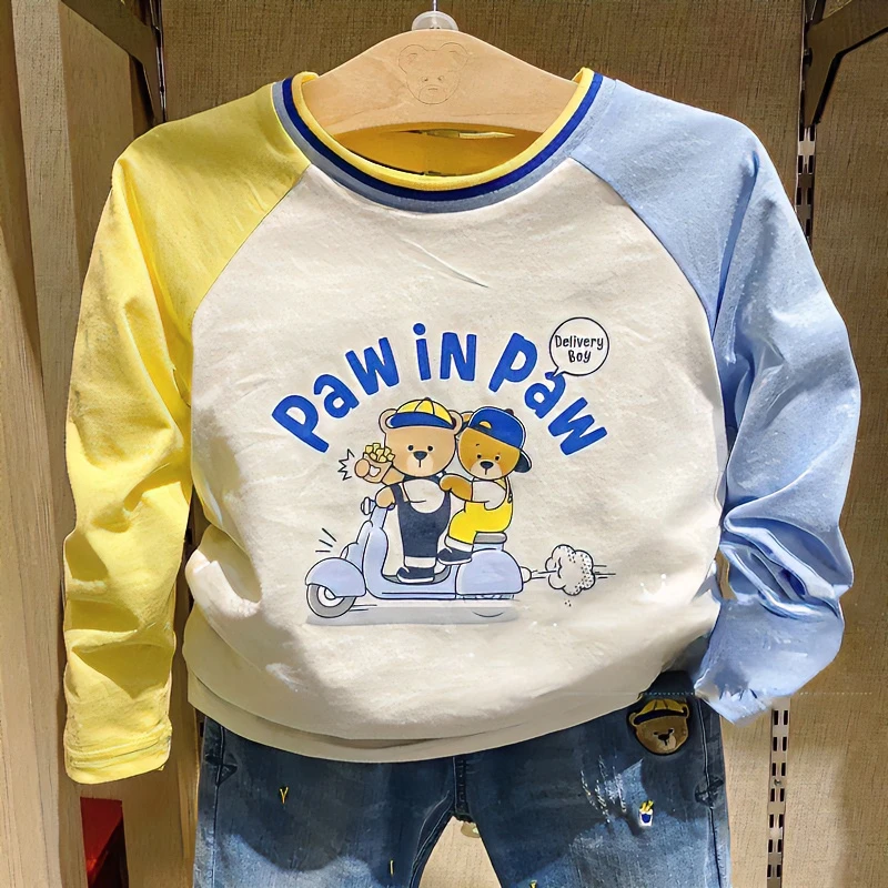 2023年春秋时髦童装新款日韩大熊男童拼接长袖休闲T恤棉质打底衫