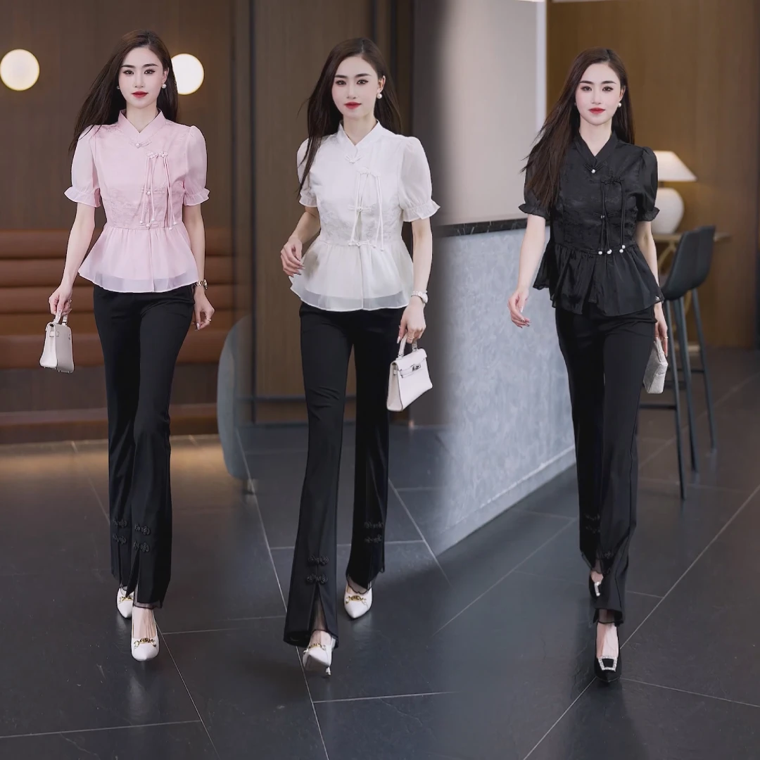 2024年夏中式国风衬衫女新款套头纯色短袖上衣宽松圆领遮肉打底衫