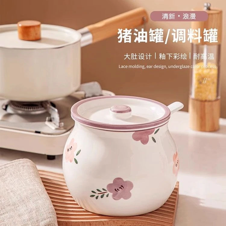新款日式装猪油罐带盖耐高温家用大容量辣椒油罐子厨房陶瓷调料罐