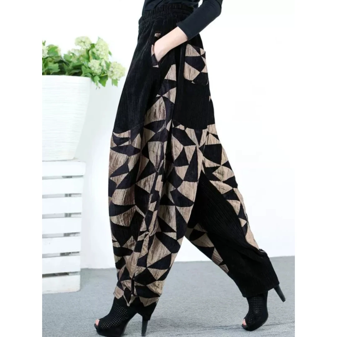 雪尼尔提花厚款拼接休闲裤长裤秋冬女士哈伦裤宽松灯笼裤萝卜新品