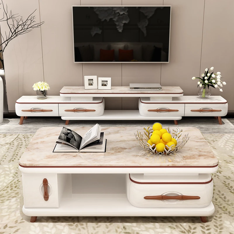 电视柜茶几组合现代简欧小户型客厅大理石伸缩地柜电视机柜可伸缩