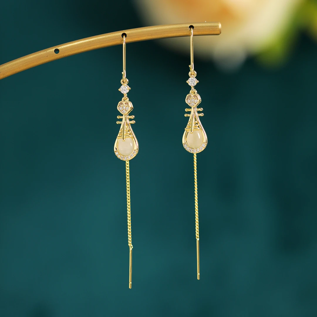 沐蓝 铜合金合成锆石耳饰 琵琶耳坠百搭精致国风喜庆长款流苏耳环