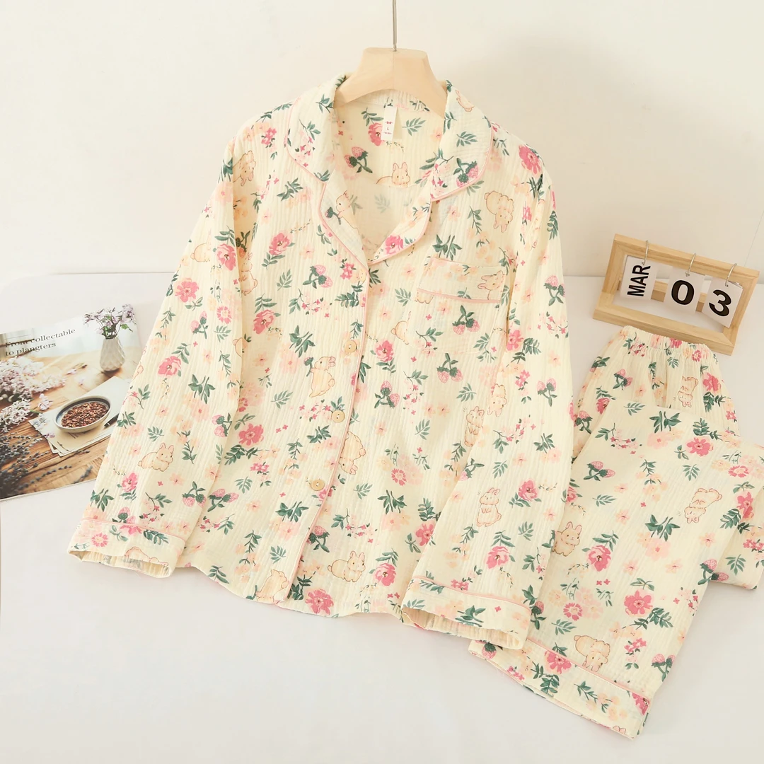 长袖+长裤 双层棉纱纯棉睡衣女春秋夏季长袖套装家居服月子服全棉