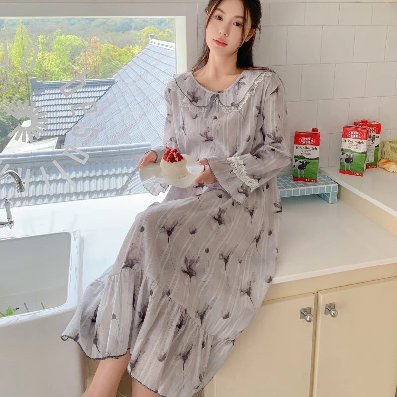 2025春夏季新款女士纯棉长袖宽松韩版少女甜美可爱气质睡裙家居服