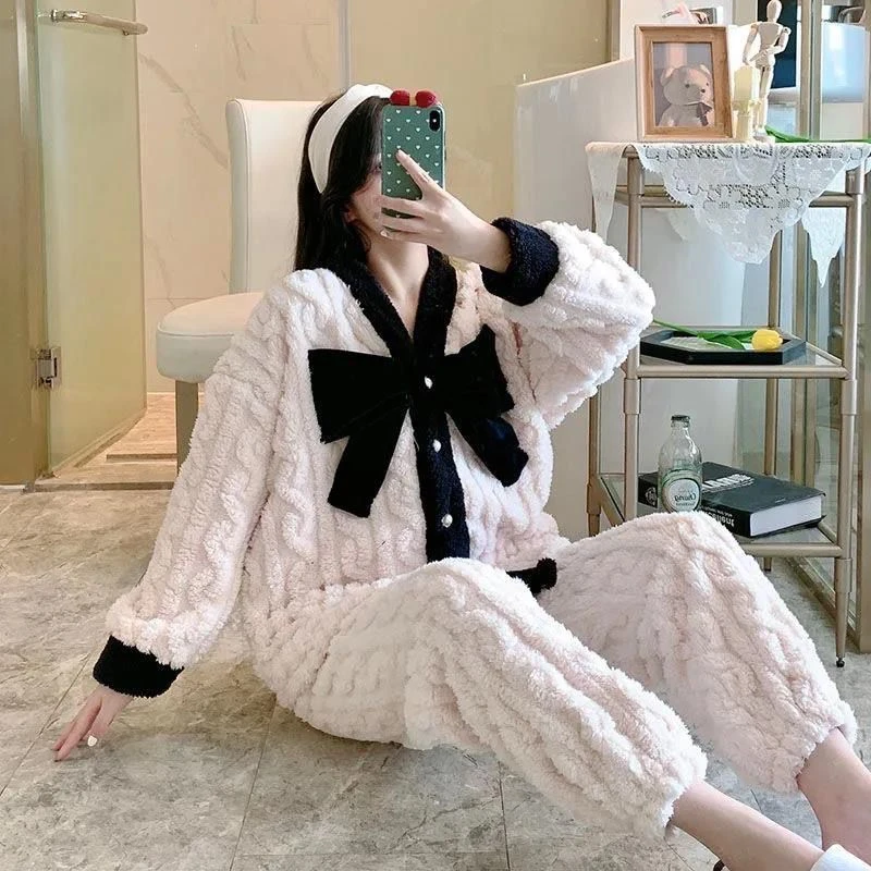 2025秋冬款网红女士大码加绒加厚双面绒保暖睡衣可外穿甜美家居