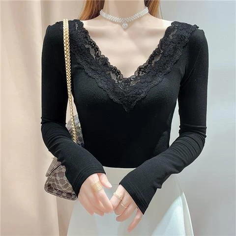 法式V领蕾丝打底衫女春季新款黑色秋冬加绒小衫白T恤打底加厚上衣