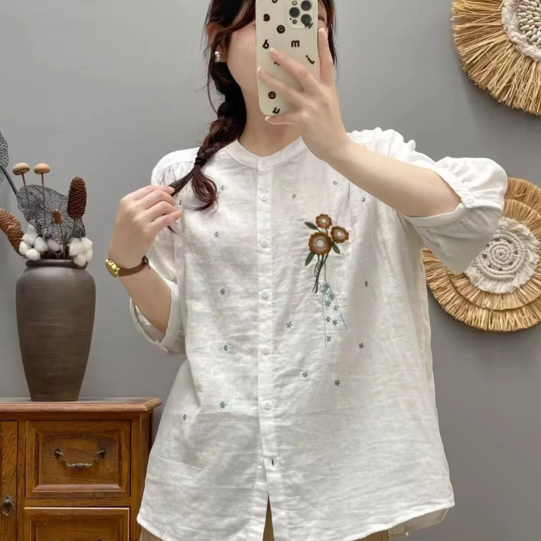 夏季时尚休闲百搭宽松提花绣花春夏复古文艺减龄立领衬衫