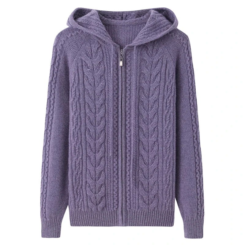 【鸢尾蝶】纯羊绒女式帽衫拉链纯色外套毛衣针织衫连帽开衫显瘦加厚