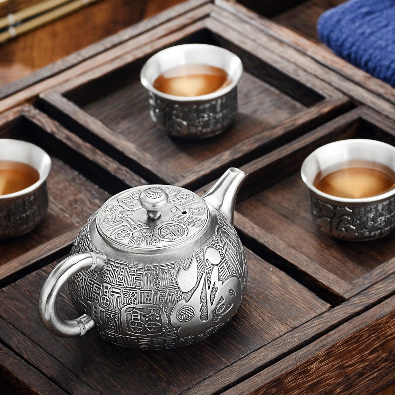 福恒金 银茶壶足银999纯手工泡茶壶官方正品银茶具套装富贵百福