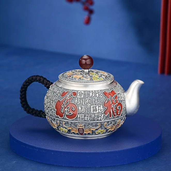 银茶壶足银999纯手工泡茶壶五福临门珐琅彩足银茶具套装