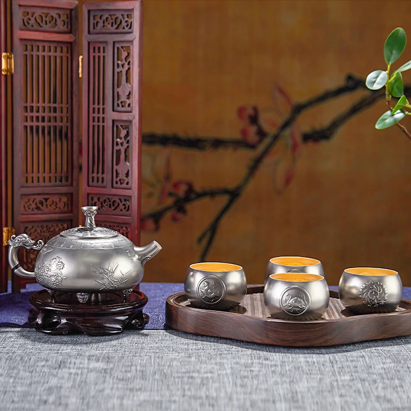 足银999中式家用大容量顺风顺水银茶壶银茶杯套装