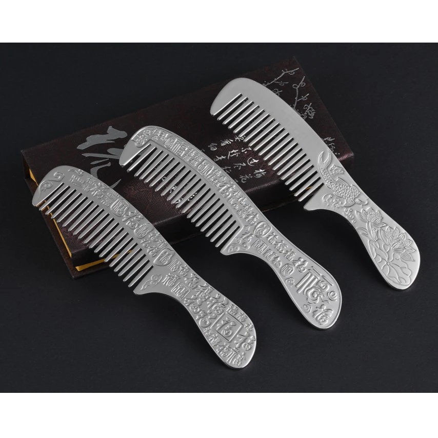 足银银制品 999足银中式银梳复古实心百福款银手把梳