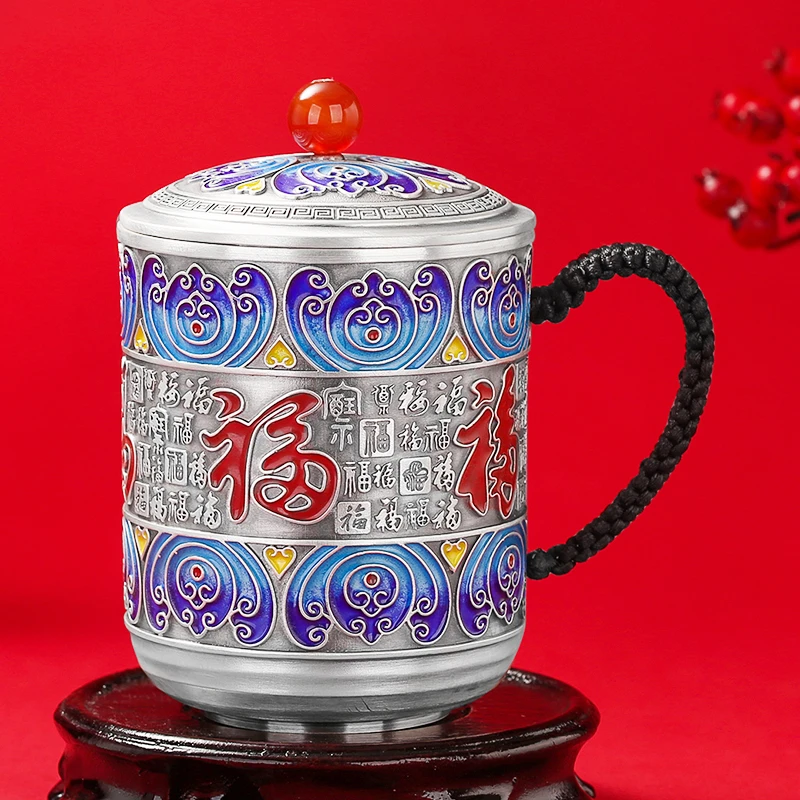 福恒金 999足银口杯带盖大容量男女士珐琅彩百福银水杯正品马克杯