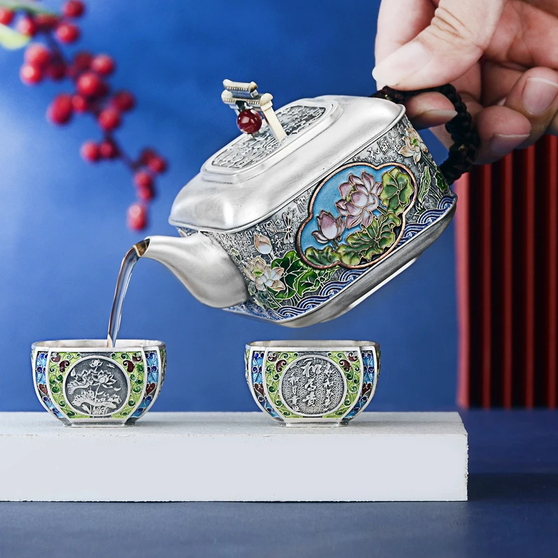 福恒金 银茶壶足银999纯手工泡茶壶官方正品珐琅彩银茶具和为贵