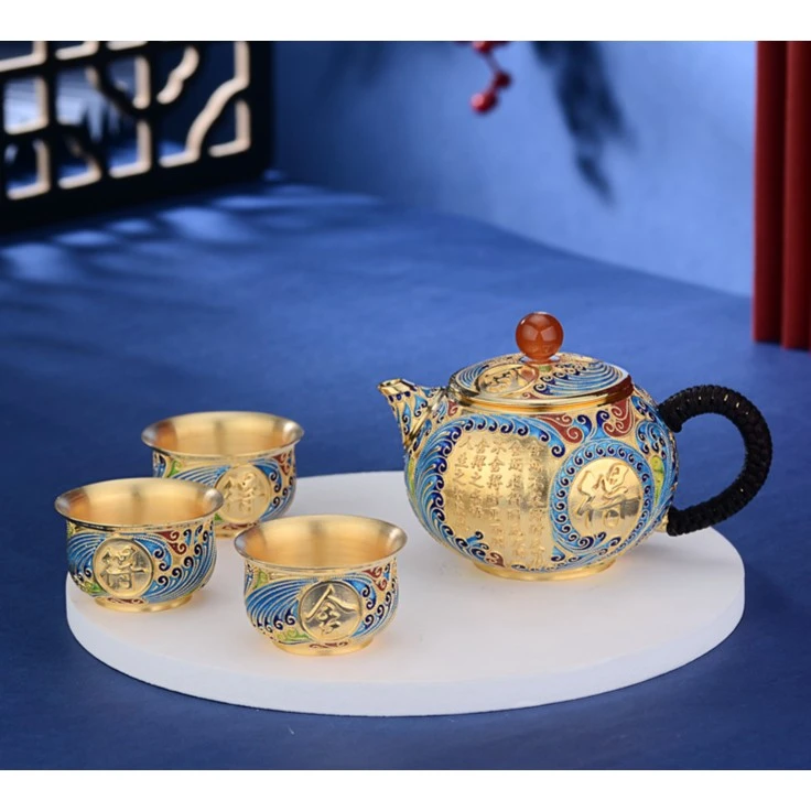 银茶壶足银999纯手工泡茶壶家用舍得图案镀金银茶具套装