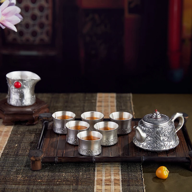 足银999中式复古家用大容量九龙聚福银茶壶银茶杯套装