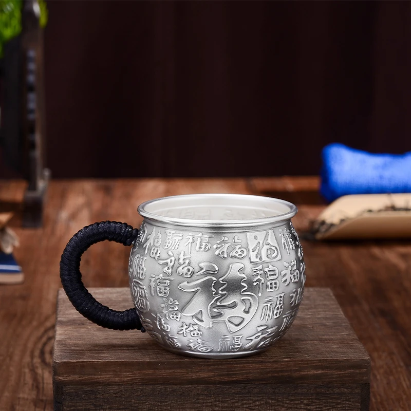 足银银制品 足银999复古家用纯手工带把主人杯大容量浮雕银茶杯