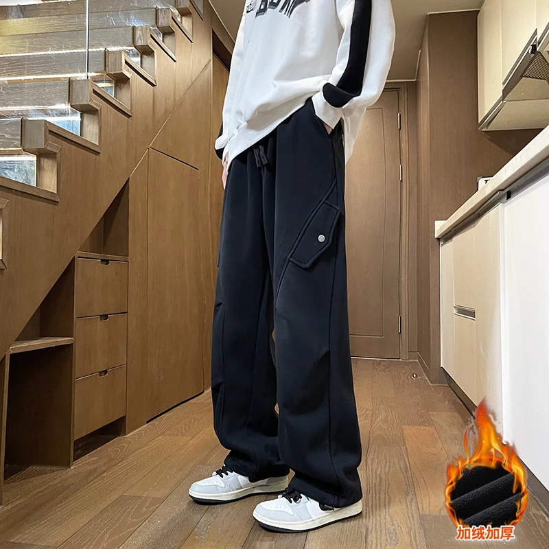 Mexican/稻草人秋冬直筒加绒潮流阔腿裤美式高街百搭运动休闲裤男