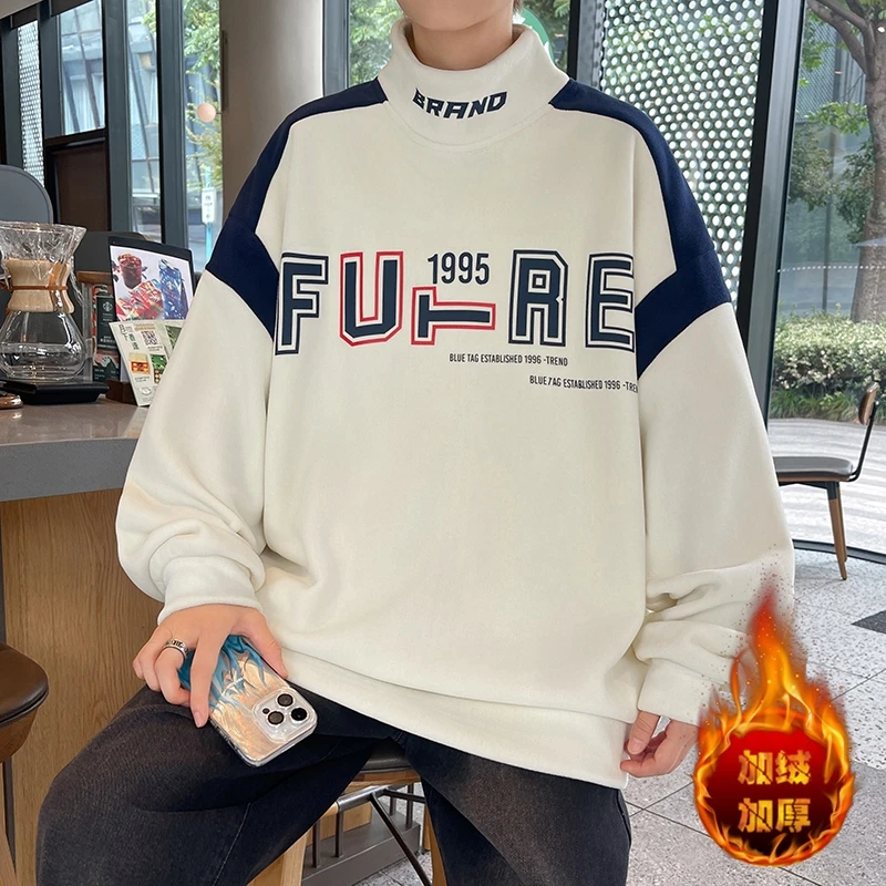 Mexican/稻草人秋冬新款双面奥粒绒半高领卫衣宽松保暖加绒上衣男