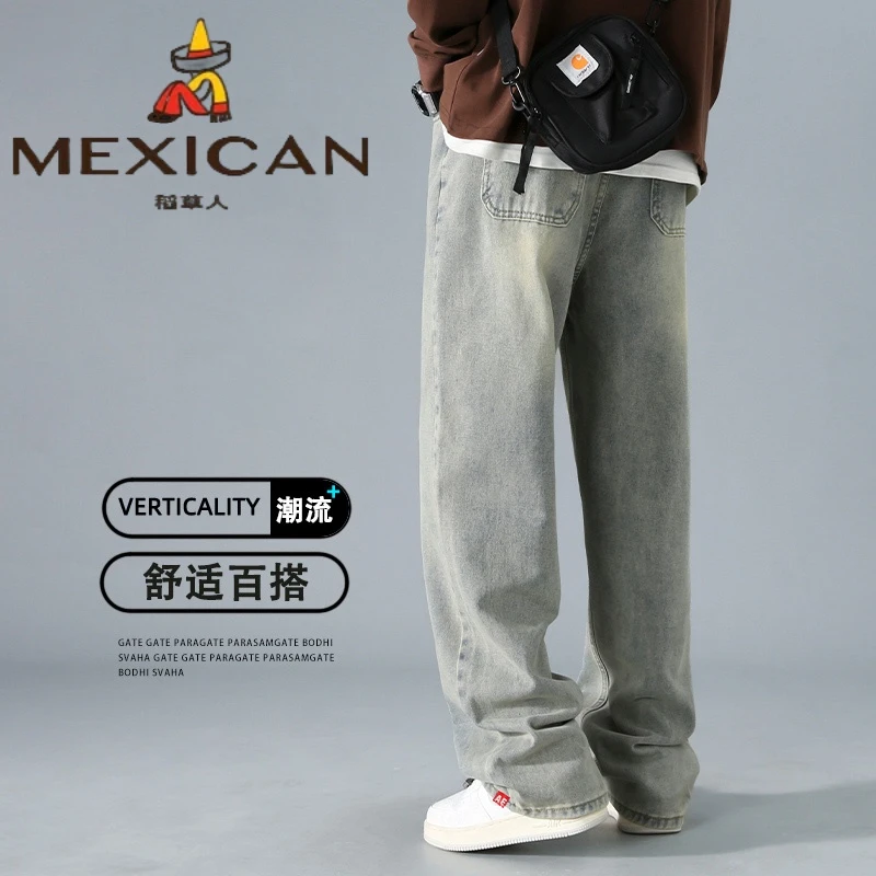 Mexican/稻草人潮流牛仔裤男春秋季美式复古水洗百搭秋季宽松长裤