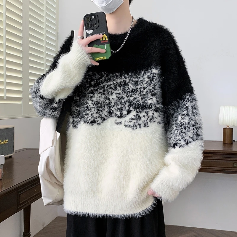 Mexican/稻草人秋冬爆款慵懒风潮流ins百搭拼色毛衣针织打底衫男