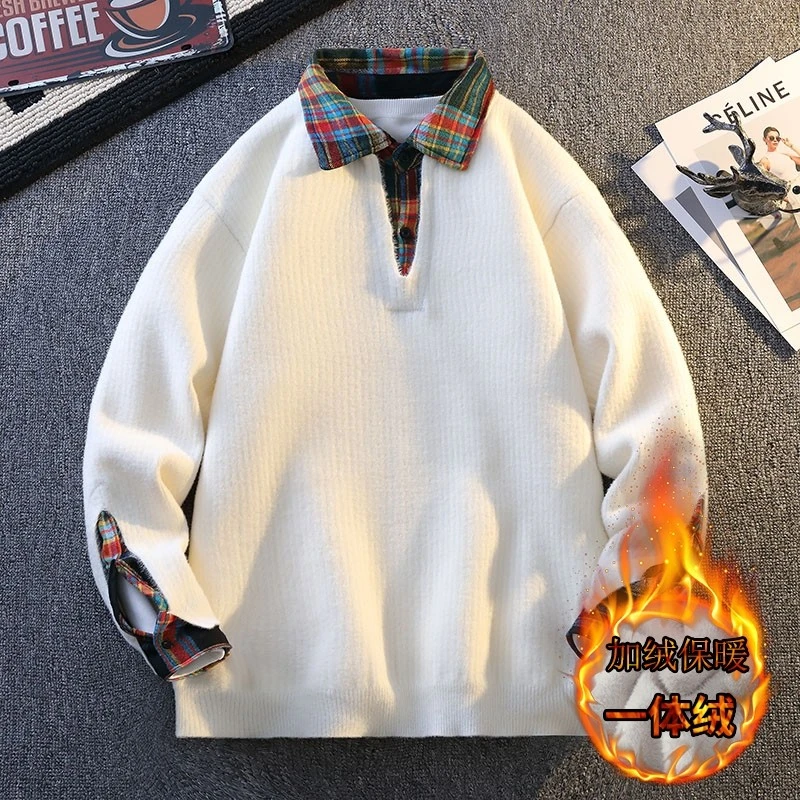 Mexican/稻草人时尚潮流秋冬假两件衬衫领针织毛衣男加绒保暖打底