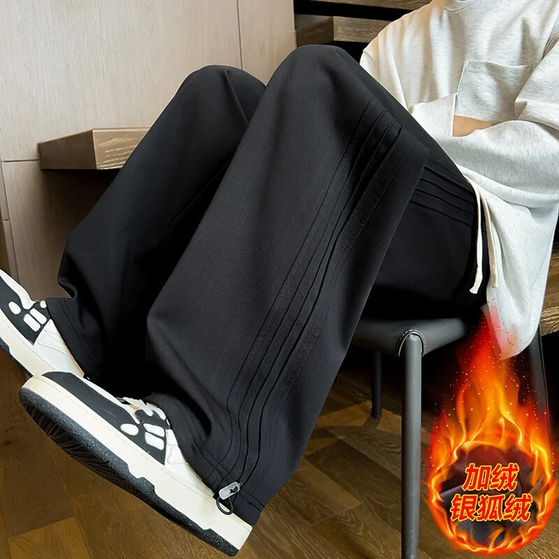 Mexican/稻草人冬季加绒加厚针织卫裤男秋冬两穿侧边褶皱休闲裤男