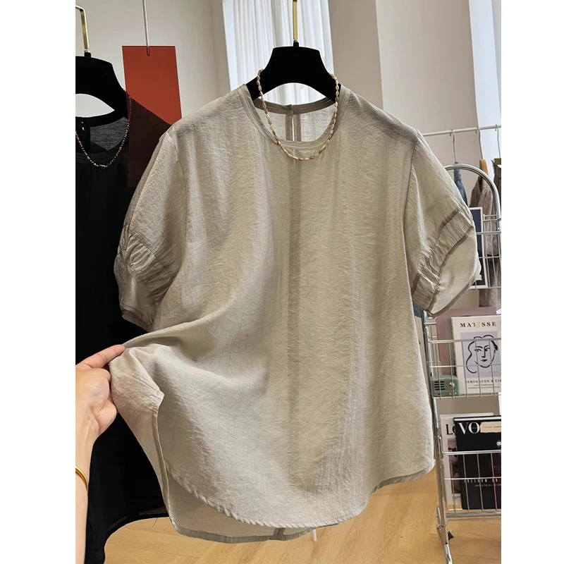 设计感褶皱法式圆领短袖衬衫上衣女大版夏季薄款大码宽松衬衣百搭