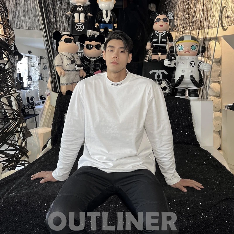Outliner 半高领刺绣 宽松休闲百搭 白色长袖T恤纯色圆领简约秋季