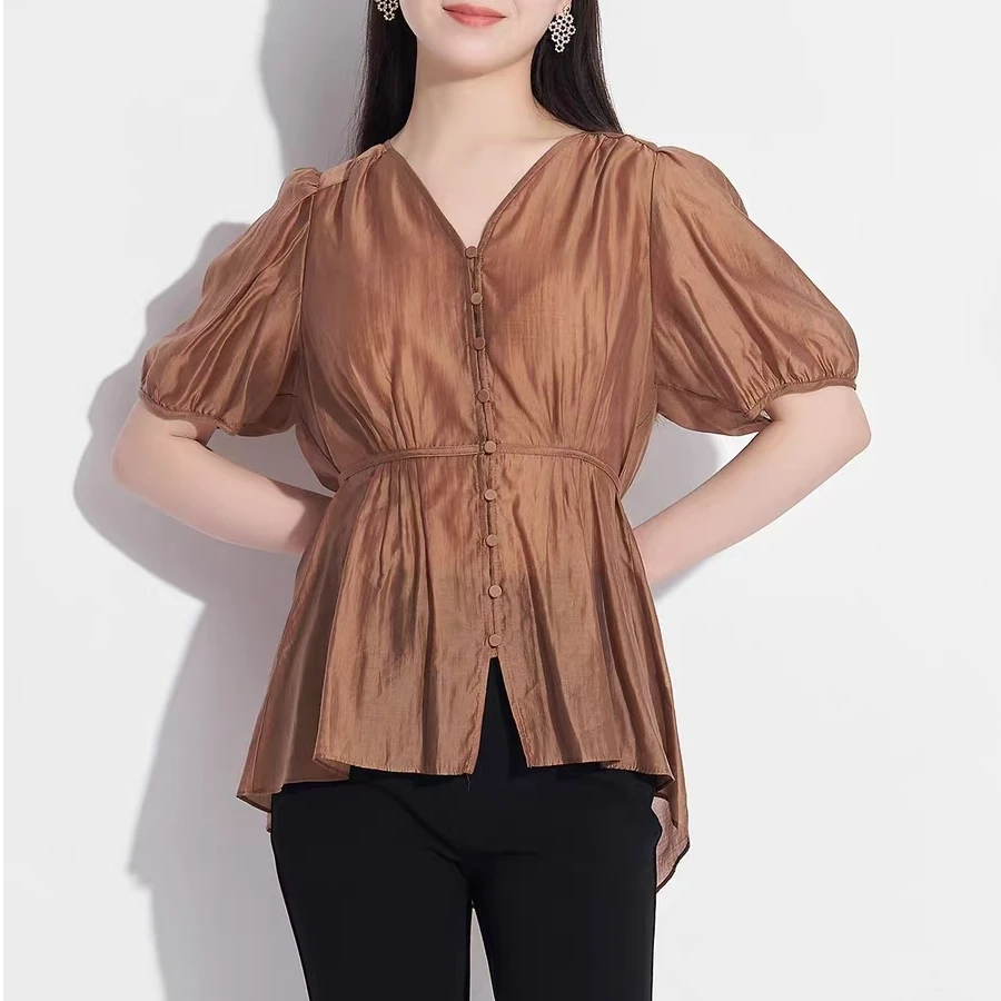 B561 时尚V领纯色洋气简约收腰显瘦衬衫A9