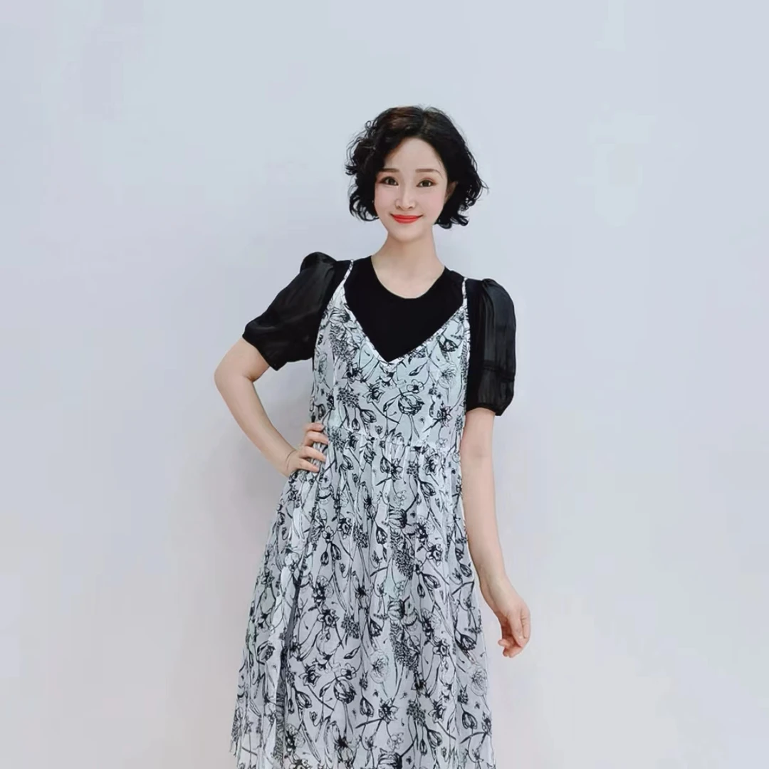 3151 夏季新款减龄娃娃版印花拼接假两件显瘦气质连衣裙D2