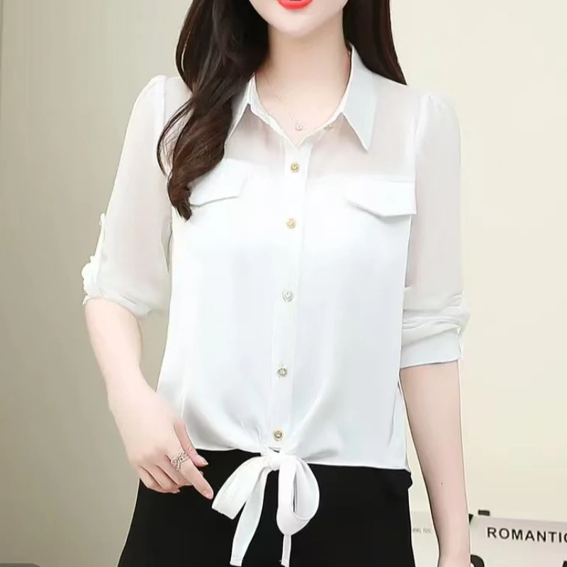 B860 春秋时尚洋气简约雪纺拼接缎面质感显瘦气质百搭衬衫