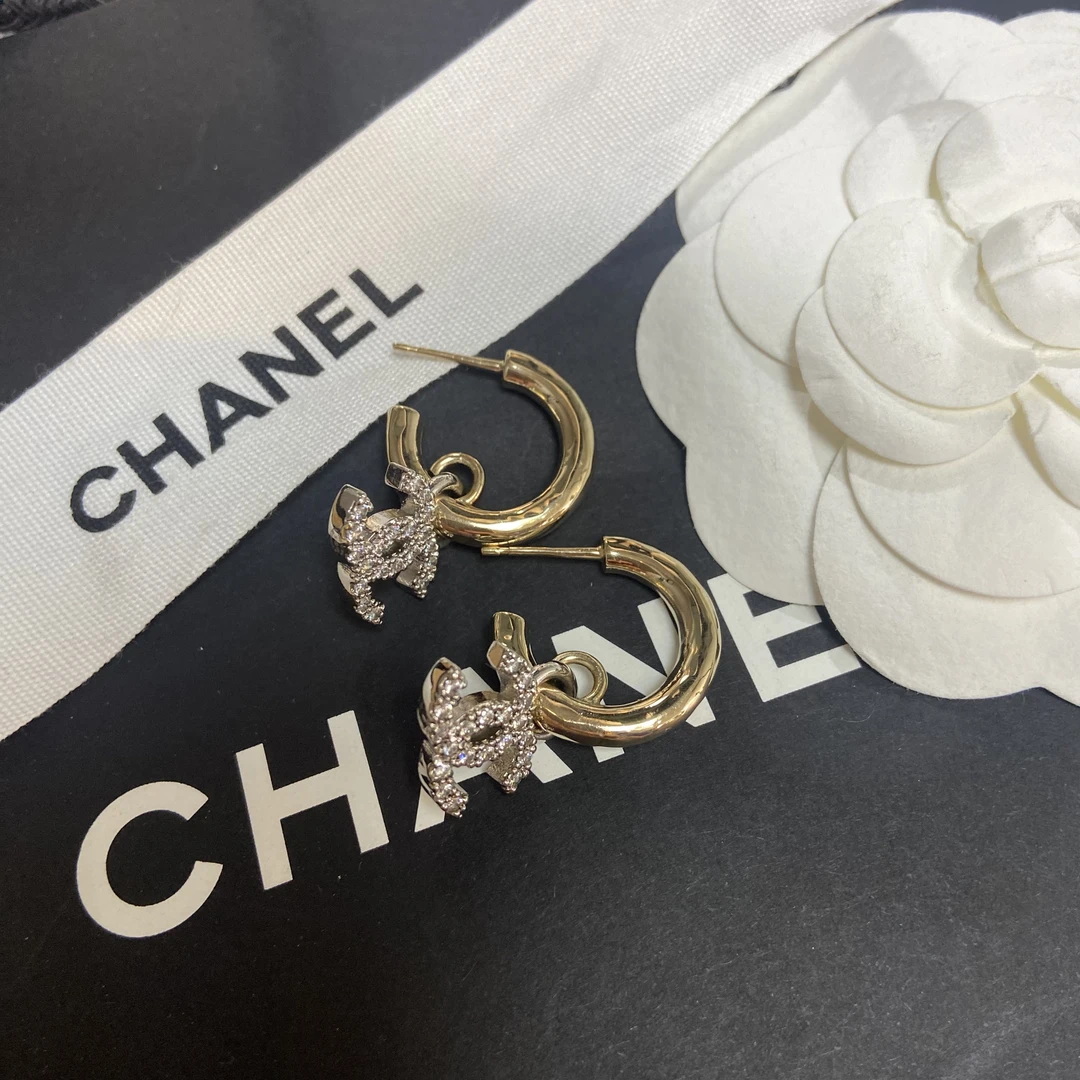 未使用 Chanel/香奈儿 经典 时尚 耳钩 满钻 香槟金 金色耳钉