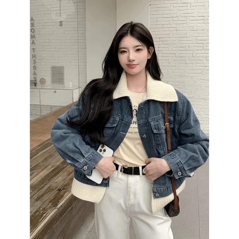 2024秋冬新款针织拼接翻领时尚加棉牛仔外套#8612【衣长58公分】