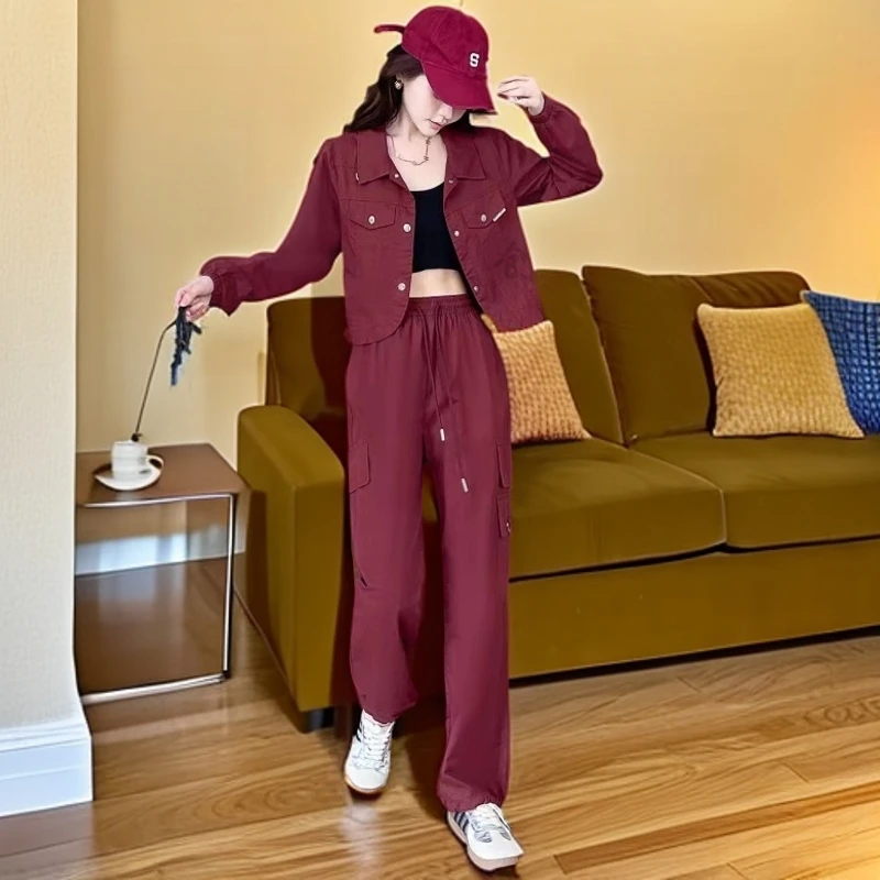 秋季新款洋气夹克外套束脚裤工装两件套套装#D002【衣长50裤长96】